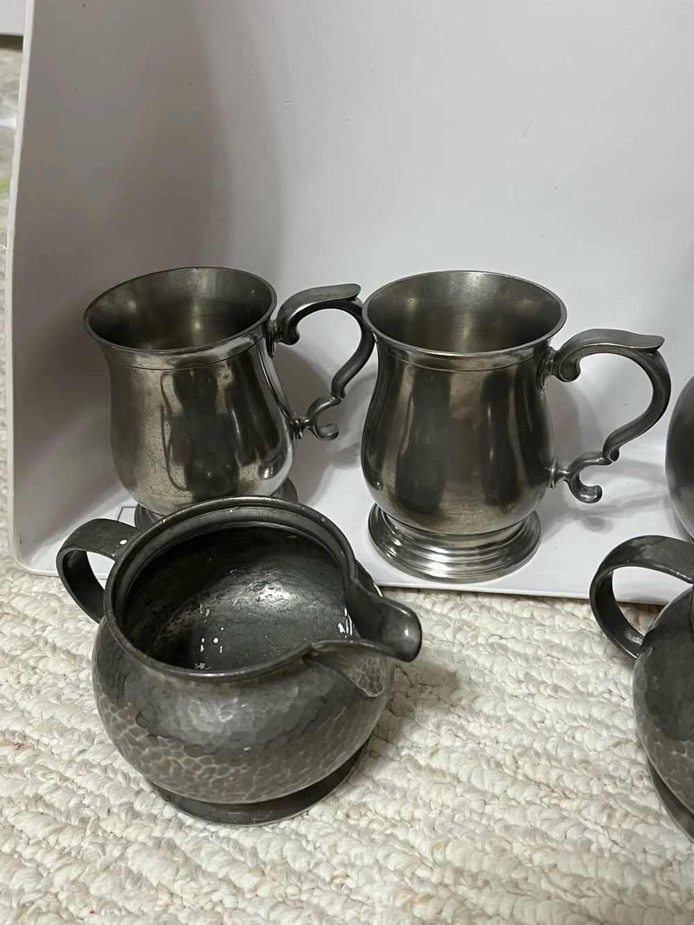 Classic 5 piece Pewter Mug and Creamer Set - Silver Toned